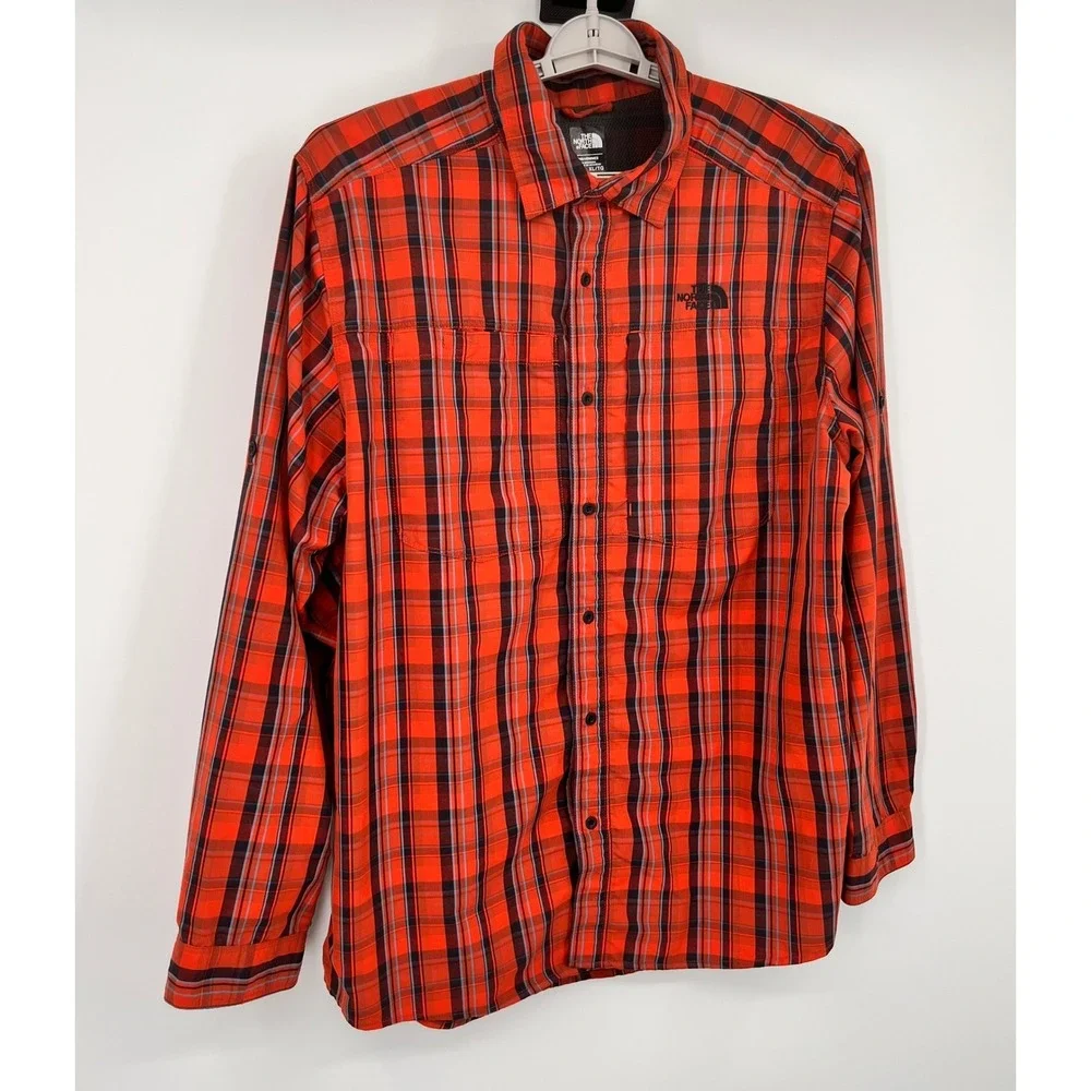 The North Face Mens XL Red Black Plaid Long Sleeve Hiking Button Up Shirt 1583‎